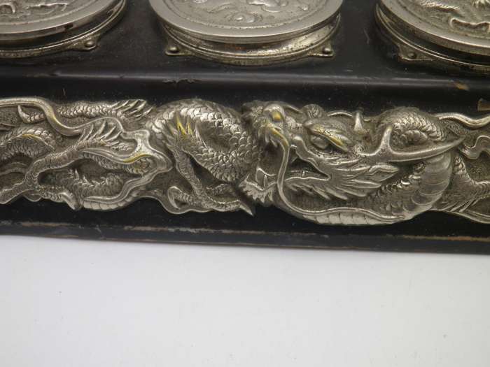 Unusual Vintage Chinese silver plate (or white metal & Black Laquer  DRAGON design Triple inkwell.
