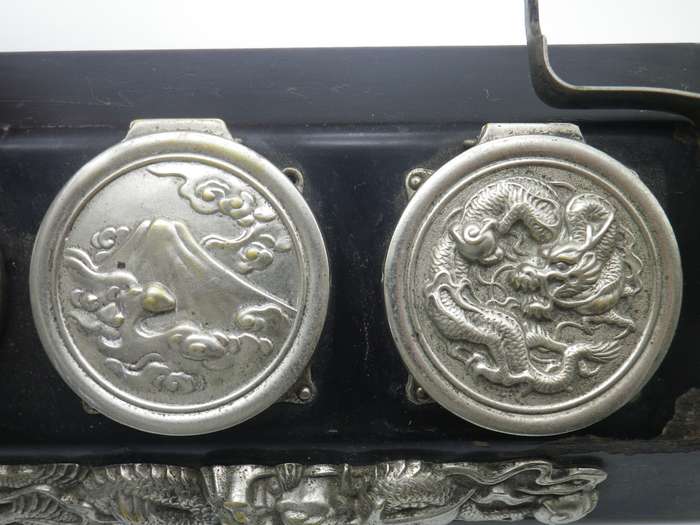 Unusual Vintage Chinese silver plate (or white metal & Black Laquer  DRAGON design Triple inkwell.