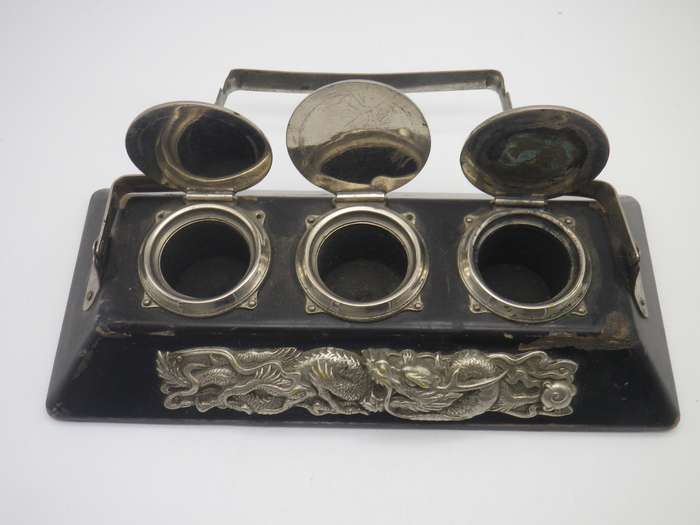 Unusual Vintage Chinese silver plate (or white metal & Black Laquer  DRAGON design Triple inkwell.