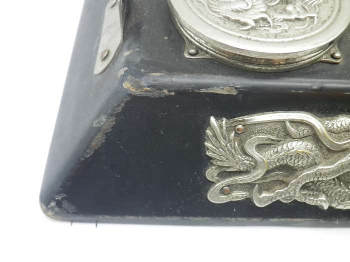 Unusual Vintage Chinese silver plate (or white metal & Black Laquer  DRAGON design Triple inkwell.
