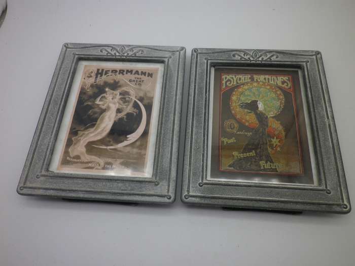 Pair ART NOUVEAU design heavy grey metal pewter? standing frames with interesting Art Nouveau prints