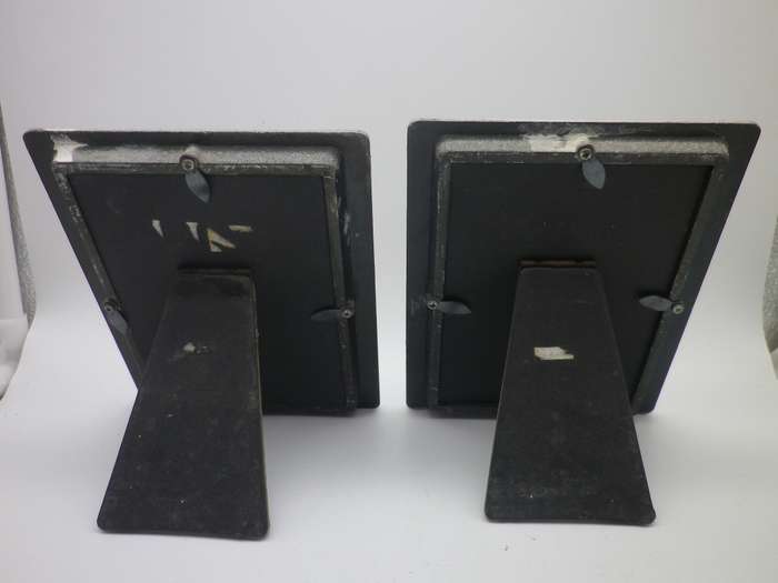 Pair ART NOUVEAU design heavy grey metal pewter? standing frames with interesting Art Nouveau prints
