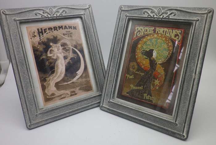 Pair ART NOUVEAU design heavy grey metal pewter? standing frames with interesting Art Nouveau prints
