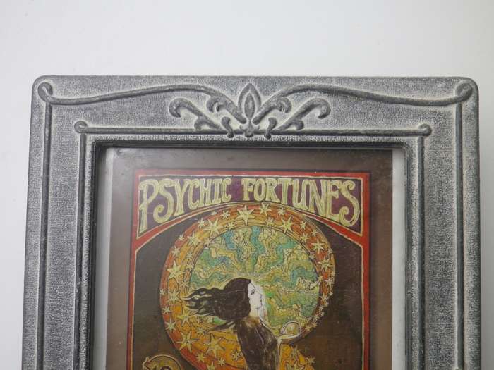 Pair ART NOUVEAU design heavy grey metal pewter? standing frames with interesting Art Nouveau prints