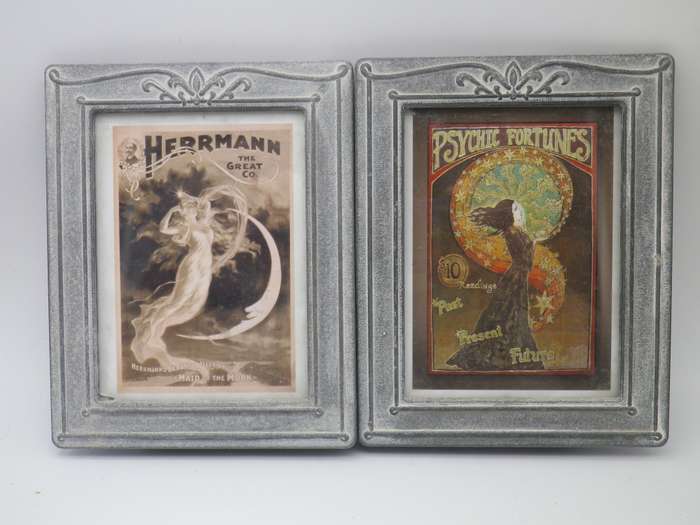 Pair ART NOUVEAU design heavy grey metal pewter? standing frames with interesting Art Nouveau prints