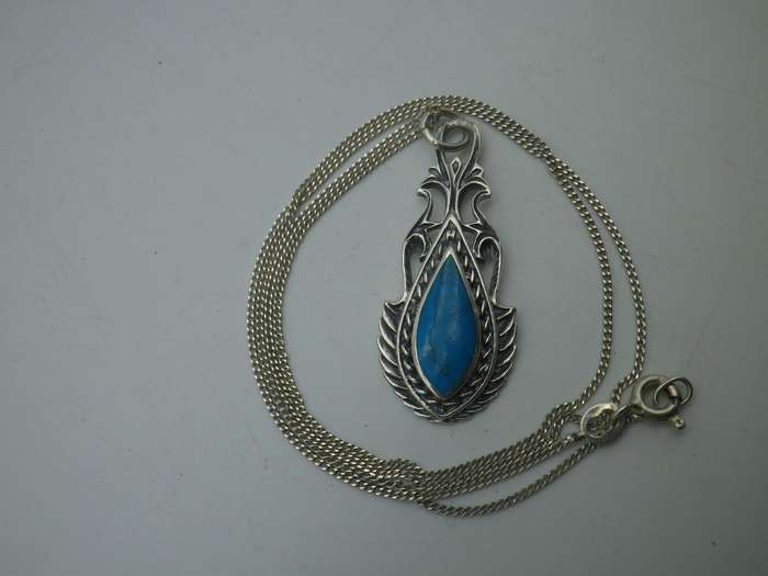 Vintage Turquoise & Sterling Silver Pendant on Sterling Silver box chain.
