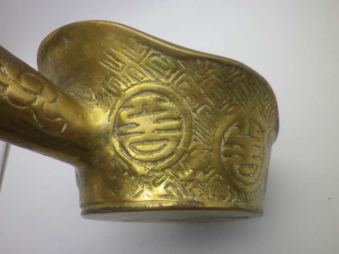 Vintage or Antique  Brass Chinese Coal silk iron with wooden handle Made In Hong Kong