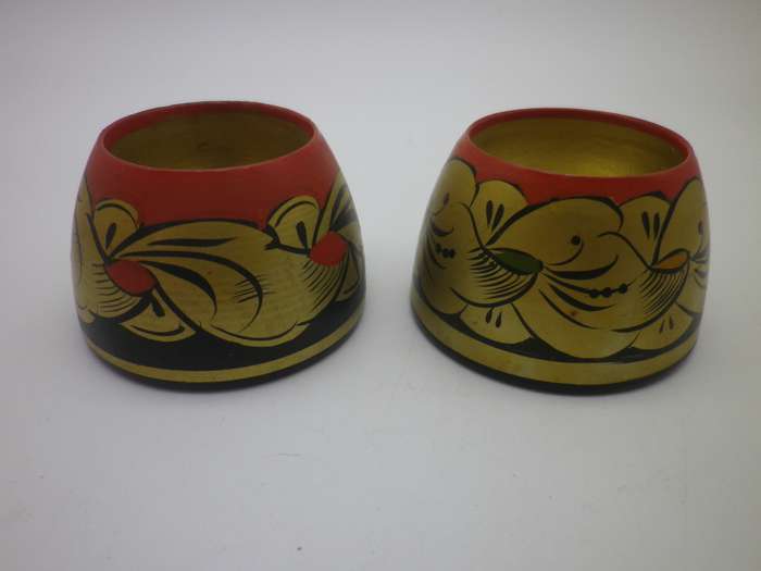 Pair Vintage Russian Khokhloma Hand painted Wooden Egg Cups. Soviet USSR
