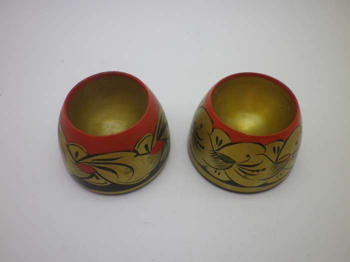 Pair Vintage Russian Khokhloma Hand painted Wooden Egg Cups. Soviet USSR