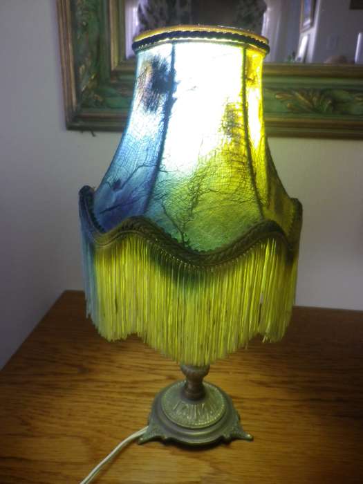 Pair BOHEMIAN Style Brass small table lamps. 100% Working. Original recovered shades. With globes