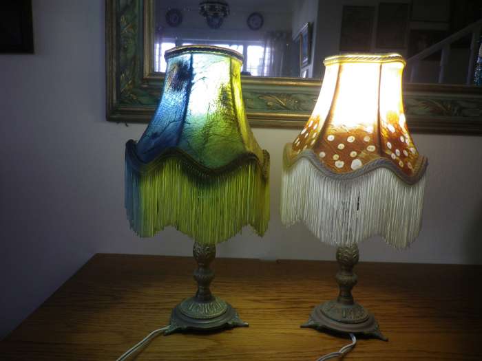 Pair BOHEMIAN Style Brass small table lamps. 100% Working. Original recovered shades. With globes