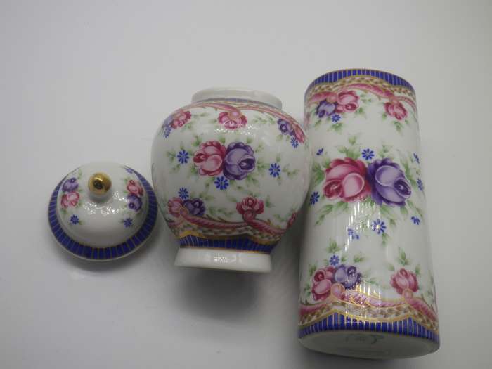 BEAUTIFUL VINTAGE LIMOGES France TRINKET JAR & HOLDER Set DESIGNED BY PIERRE DUMAS FILS