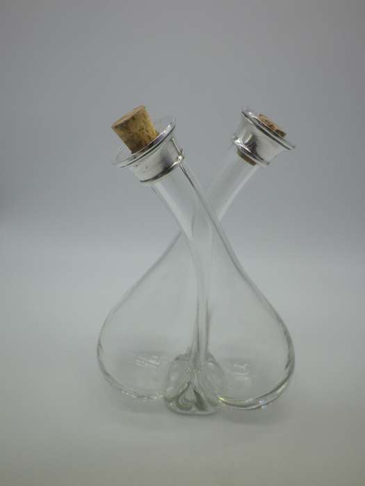 Vintage Glass Oil & Vinegar twist neck holder. Hallmarked silver tops. London 1929  W & Co. 16 cm