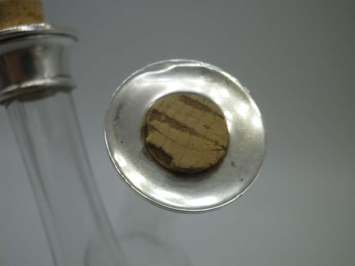 Vintage Glass Oil & Vinegar twist neck holder. Hallmarked silver tops. London 1929  W & Co. 16 cm