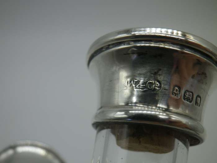 Vintage Glass Oil & Vinegar twist neck holder. Hallmarked silver tops. London 1929  W & Co. 16 cm