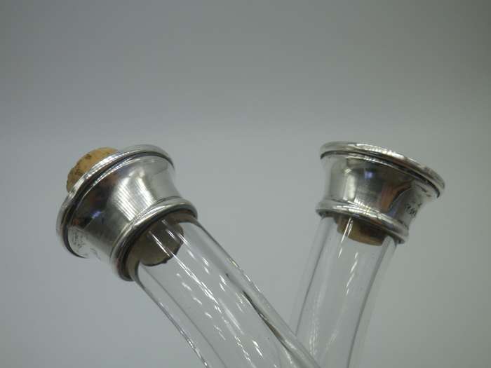 Vintage Glass Oil & Vinegar twist neck holder. Hallmarked silver tops. London 1929  W & Co. 16 cm