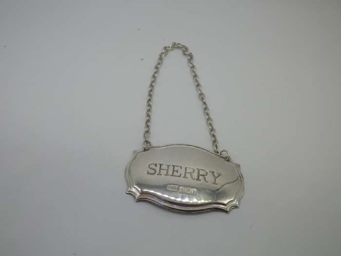 Hallmarked Silver SHERRY Decanter label. Birmingham, 1998 C Robathan & Son. 8.9g