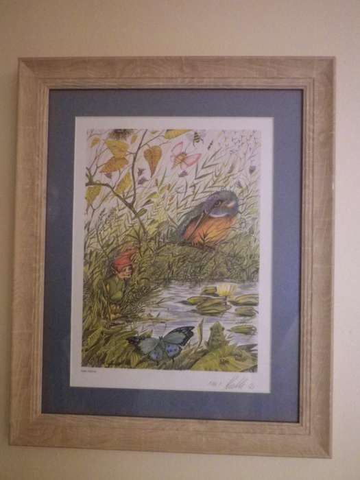 FOUR ELVES & FOREST CREATURES FRAMED SIGNED PRINTS. KALLE RIEMER. MAGICAL WHIMSICAL 42 X 34cm.
