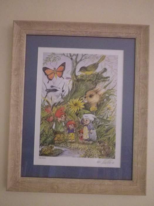 FOUR ELVES & FOREST CREATURES FRAMED SIGNED PRINTS. KALLE RIEMER. MAGICAL WHIMSICAL 42 X 34cm.
