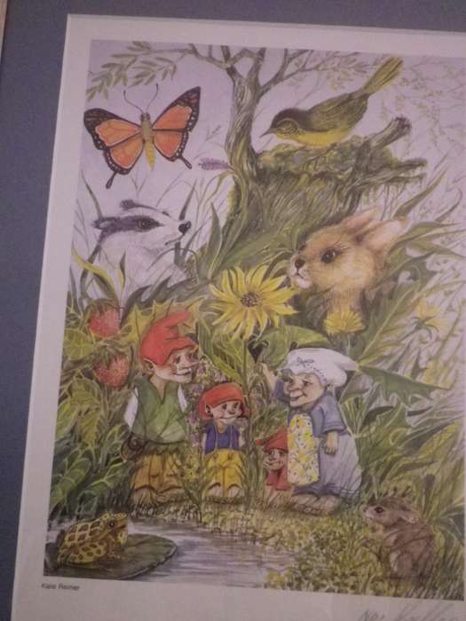 FOUR ELVES & FOREST CREATURES FRAMED SIGNED PRINTS. KALLE RIEMER. MAGICAL WHIMSICAL 42 X 34cm.