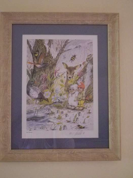 FOUR ELVES & FOREST CREATURES FRAMED SIGNED PRINTS. KALLE RIEMER. MAGICAL WHIMSICAL 42 X 34cm.