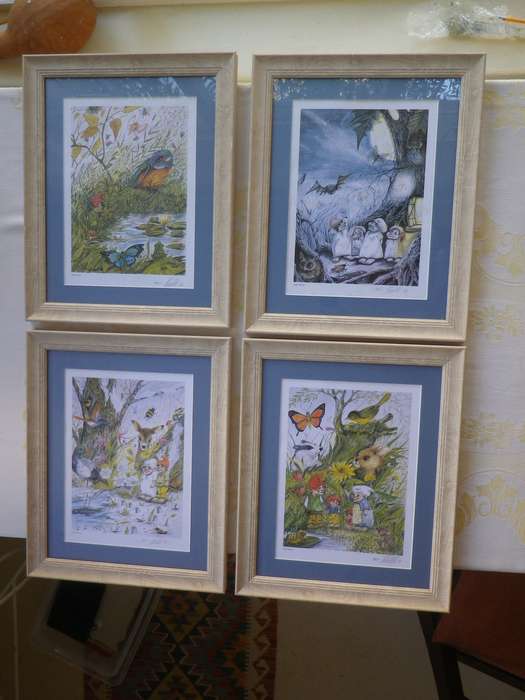 FOUR ELVES & FOREST CREATURES FRAMED SIGNED PRINTS. KALLE RIEMER. MAGICAL WHIMSICAL 42 X 34cm.