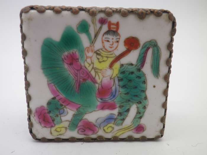 Vintage metal lidded box with Chinese ceramic lid & mirror inside.