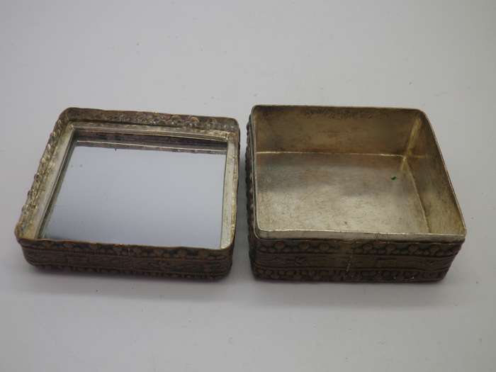 Vintage metal lidded box with Chinese ceramic lid & mirror inside.