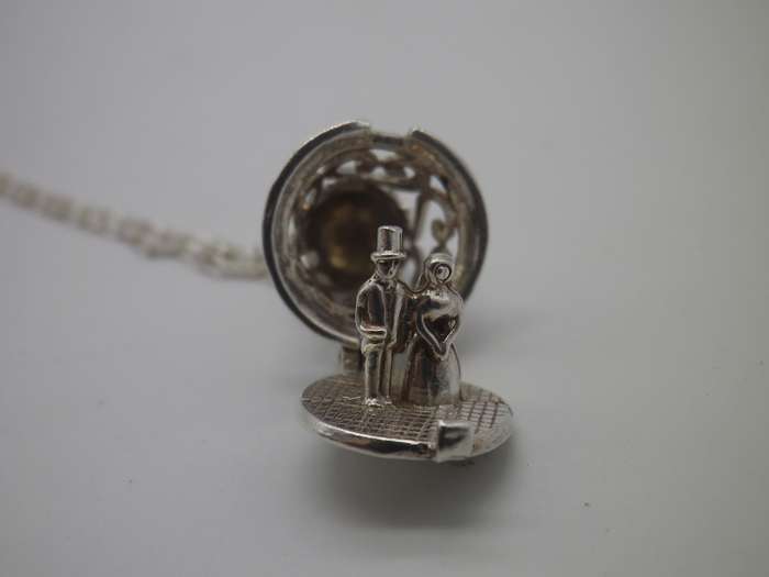 Wedding couple in a bell Sterling Silver Vintage Pendant on silver chain RARE!