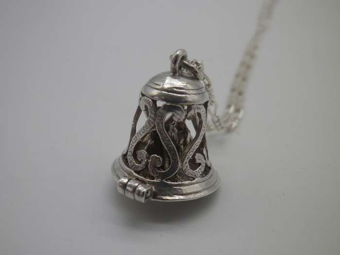 Wedding couple in a bell Sterling Silver Vintage Pendant on silver chain RARE!