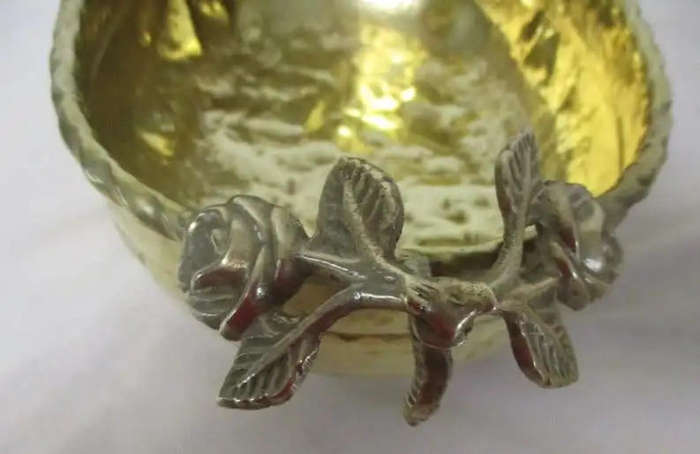 Vintage  brass Hammered Footed oval fruit bowl or dish. Ornate roses handles. 30 x 18 x 13cm
