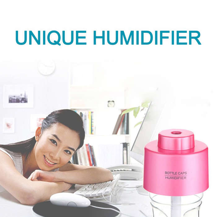 Portable Mini Night Light Water Bottle Cap USB Air Humidifier - Pink