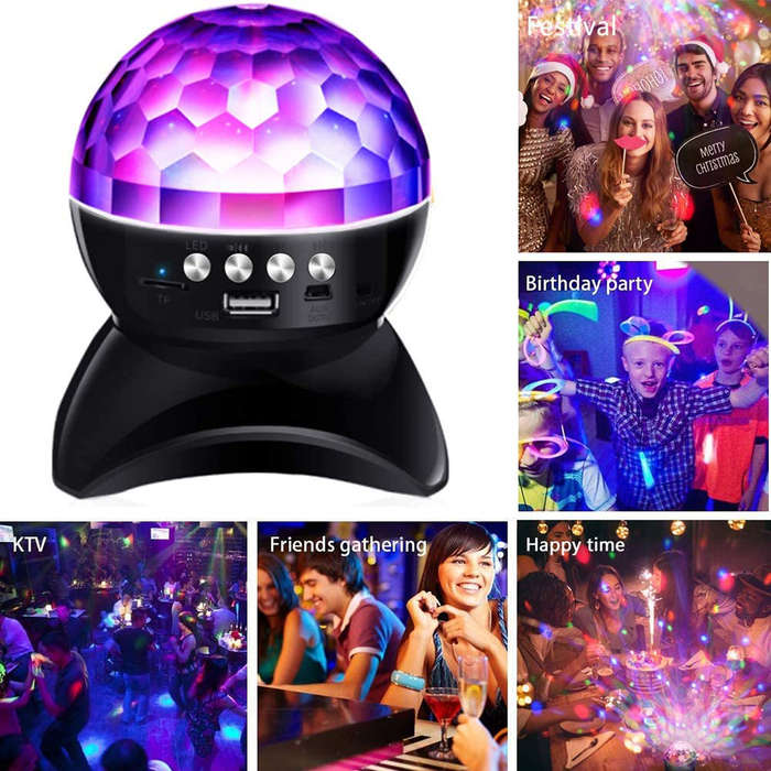 LED Crystal Magic Ball Rotating Stage Light with Bluetooth Speaker - Black