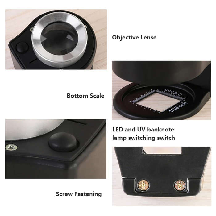 Portable 30X Optical Glass Lens Magnifier with Scale and 6 LED Lamp