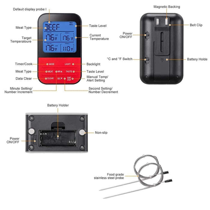 Digital Kitchen Cooking Thermometer with Large LCD & Dual Probe