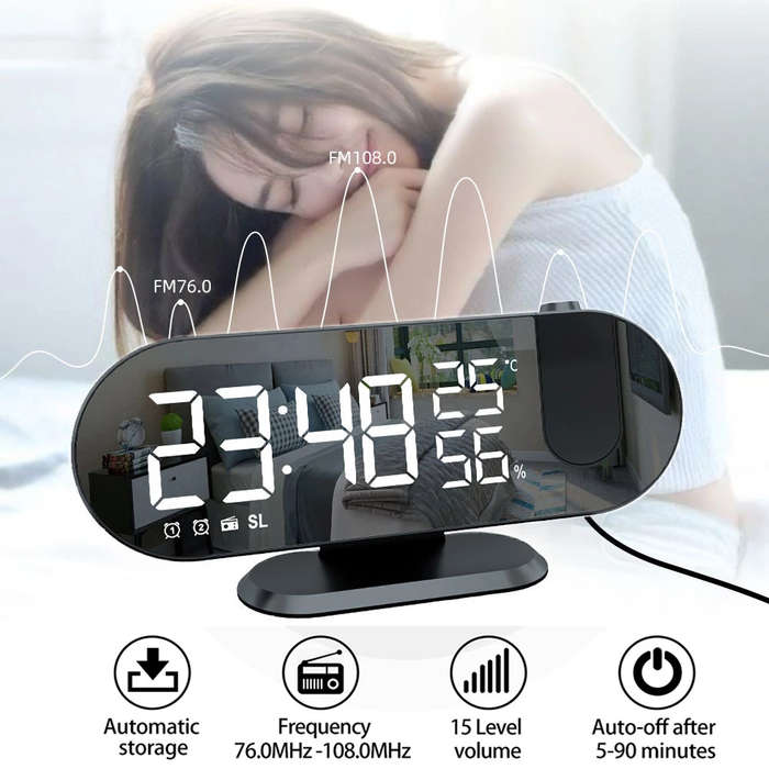 180° Mirror LED Projection Alarm Clock with FM Snooze T & H Display - White