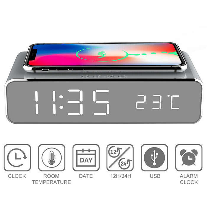 Multifunction Digital LED Desk Alarm Clock Thermometer Wireless Charger