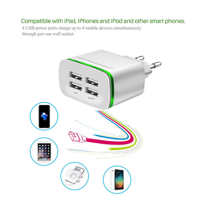 4A Quick Charger EU Plug 4-Port USB Charge Adapter Wall Charger- White