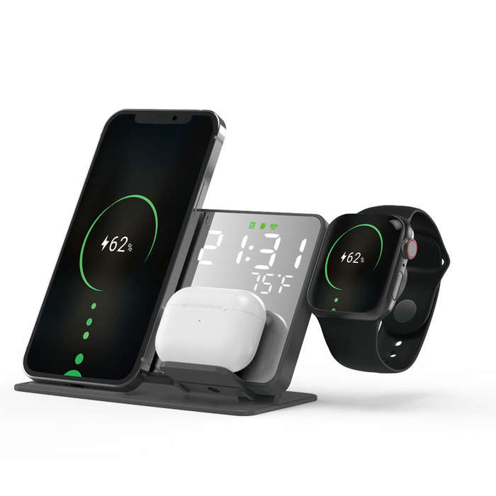4 in 1 Alarm Clock Temperature Display Qi Wireless Fast Charging Station