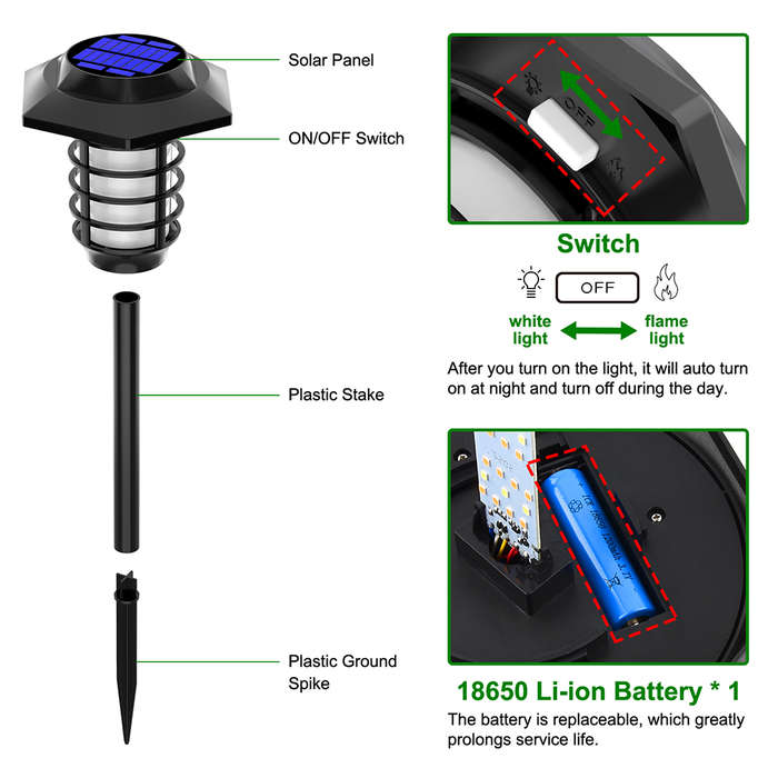 2 Pack LED Flame Solar Lights with White Light and Dancing Flame Mode