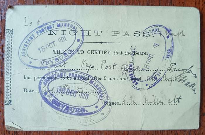 Boer war 1-month Night Pass Vryburg 1901, with extension given
