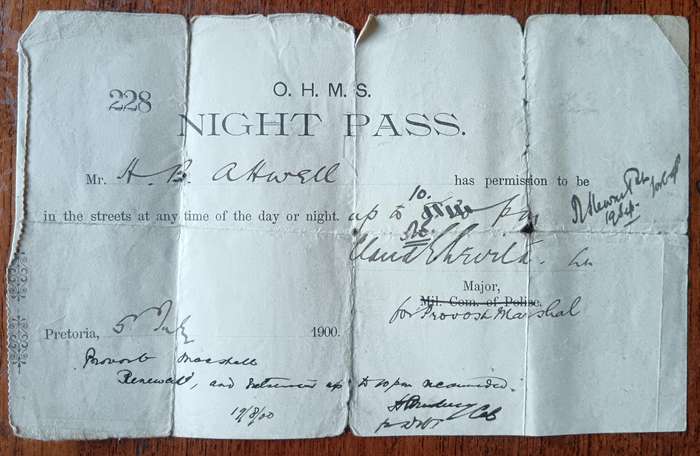 Boer war Pretoria 1900 night pass, with extensions