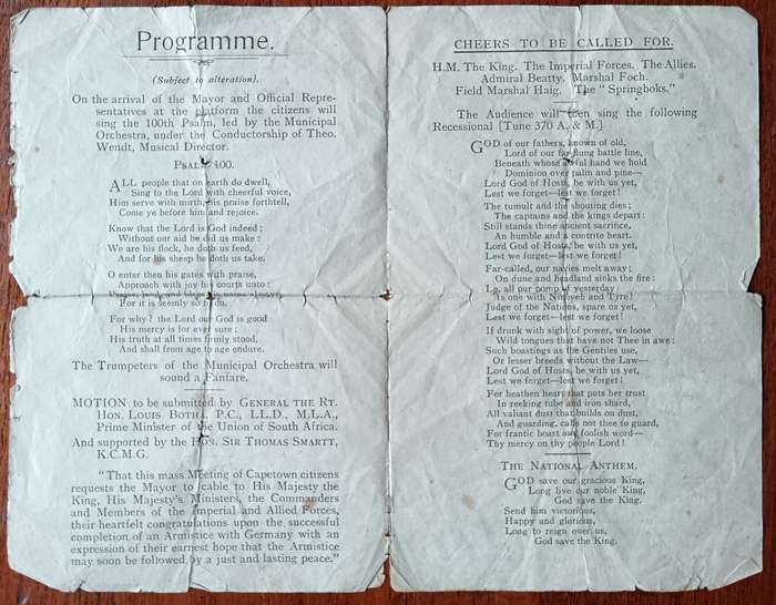 Leaflet advertising a gathering on the Grand Parade Cape Town following armistice with Germany 1918