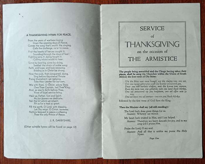 WW1 Armistice Thanksgiving Service pamphlet for churches in the Union of South Africa