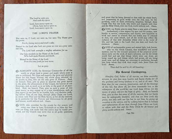 WW1 Armistice Thanksgiving Service pamphlet for churches in the Union of South Africa