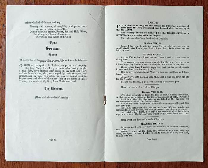 WW1 Armistice Thanksgiving Service pamphlet for churches in the Union of South Africa
