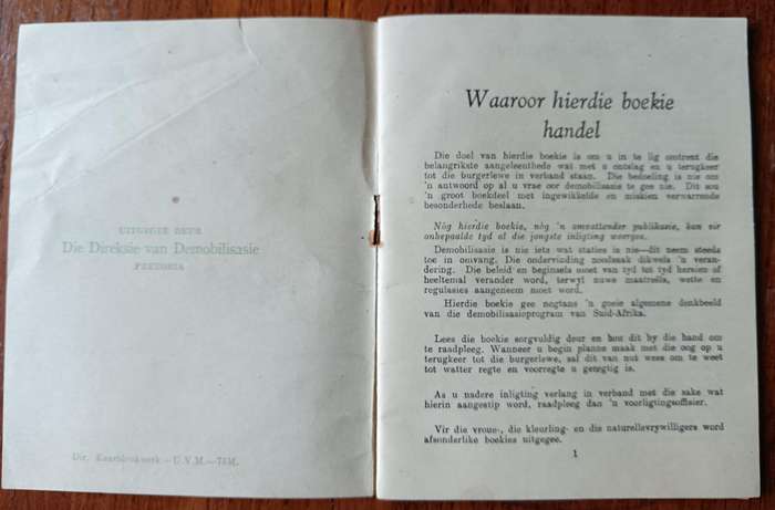 Back to Civilian Life Terug tot die Burgerlewe post-war booklet