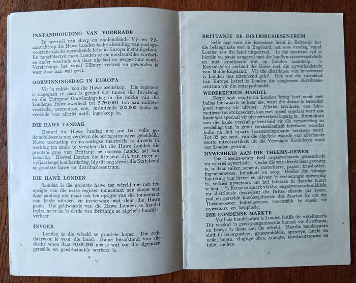 The Port of London in War and Peace English and Afrikaans post-war booklet