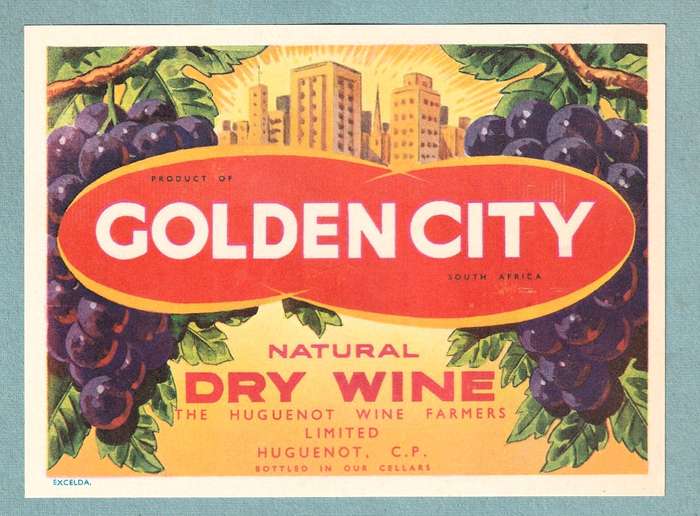3 x Vintage Wine Bottle Labels. Huguenot Wine, Golden City Dry, Hanepoot Sweet, Volson Semi-Soet.
