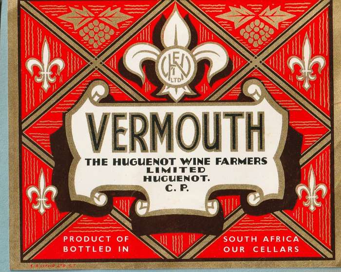 3 x Vintage Bottle Lables, Huguenot Wine, Vermouth Worcester Hock, Frontignac.